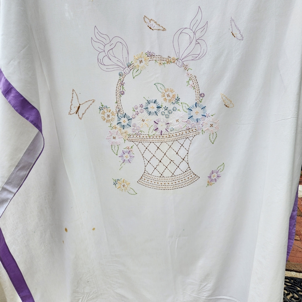 Antique White Comforter with Purple Trim and Multi-Color Floral Embroidery